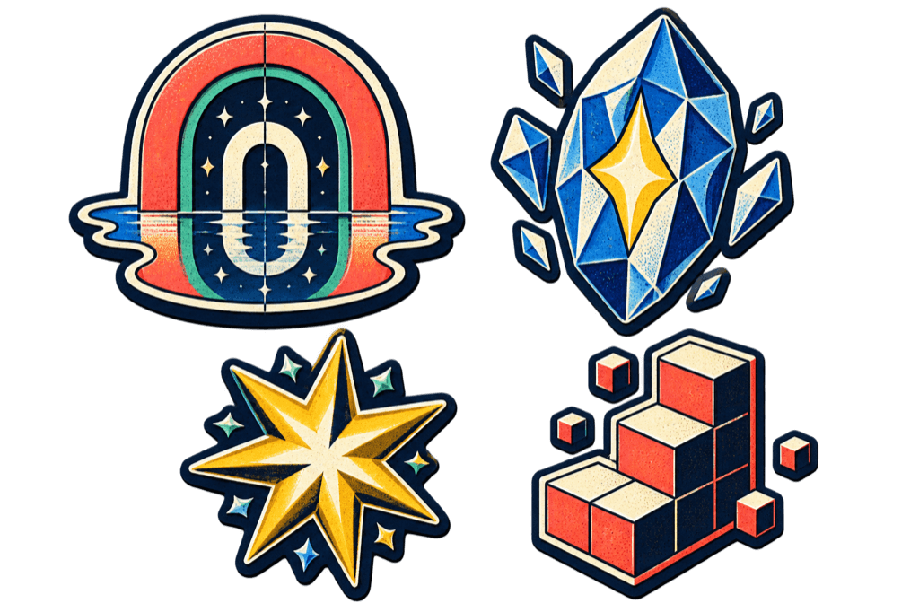 Four original number pattern badges for symmetry, primes, lucky patterns, and perfect squares